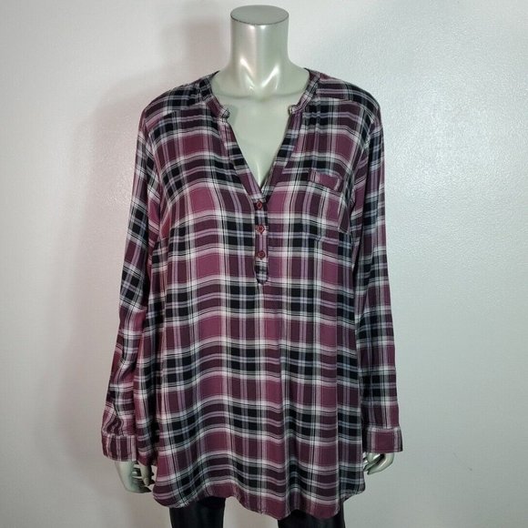 Torrid 1 Twill Henley Tunic Top Plus Size 1X Roll Tab Sleeve Pocket Plaid Purple - Picture 2 of 7